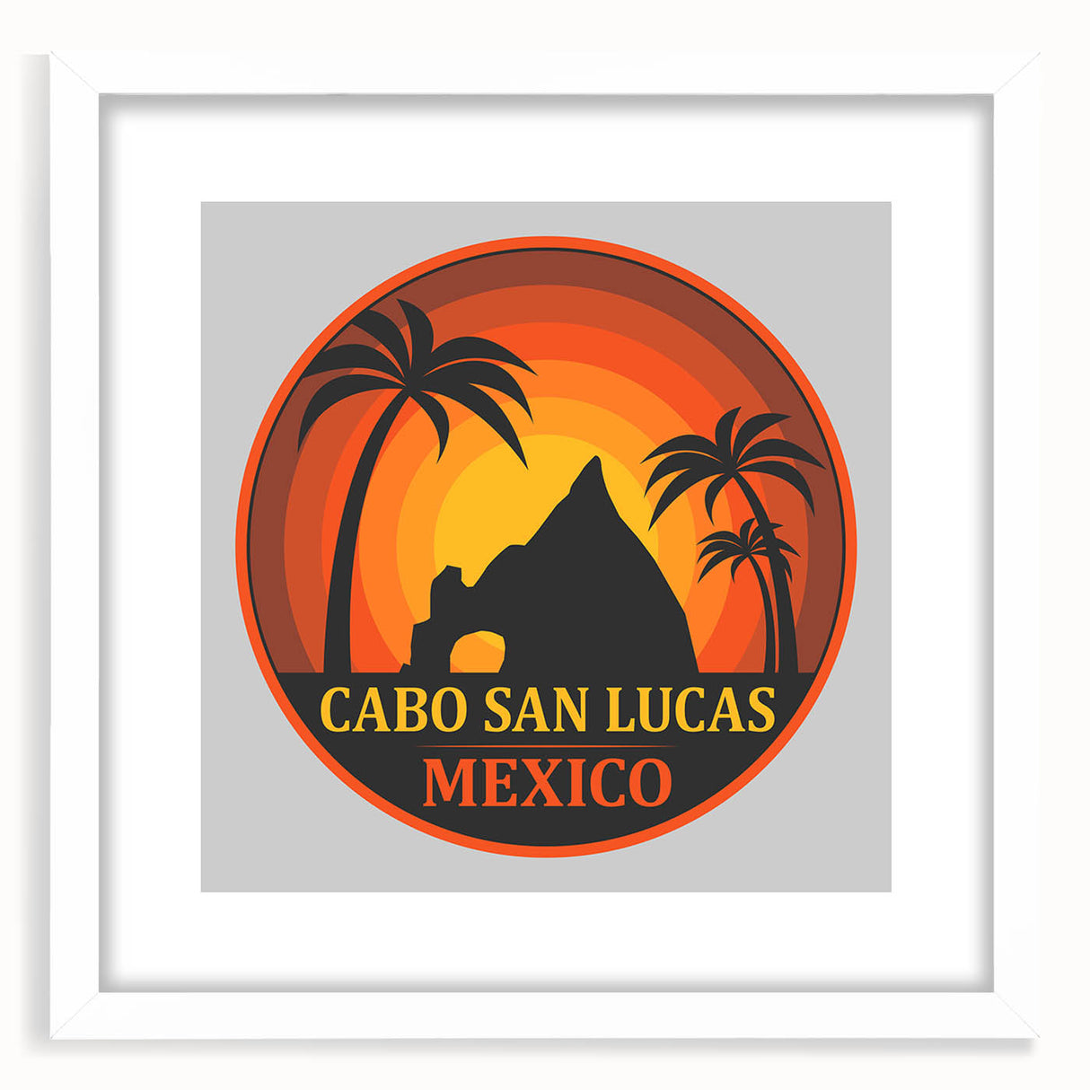 Abstract art print depicting a serene Cabo San Lucas landscape in muted blue and green tones, framed with a white mat.