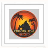 Abstract art print depicting a serene Cabo San Lucas landscape in muted blue and green tones, framed with a white mat.
