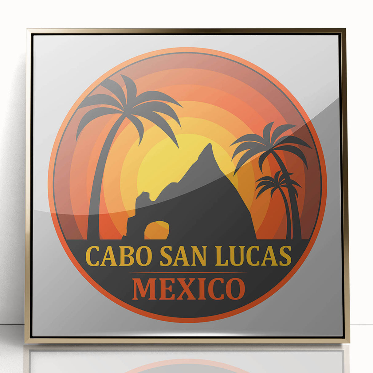 Framed acrylic print of Cabo San Lucas scenery with mid-century modernist style in gold tones.