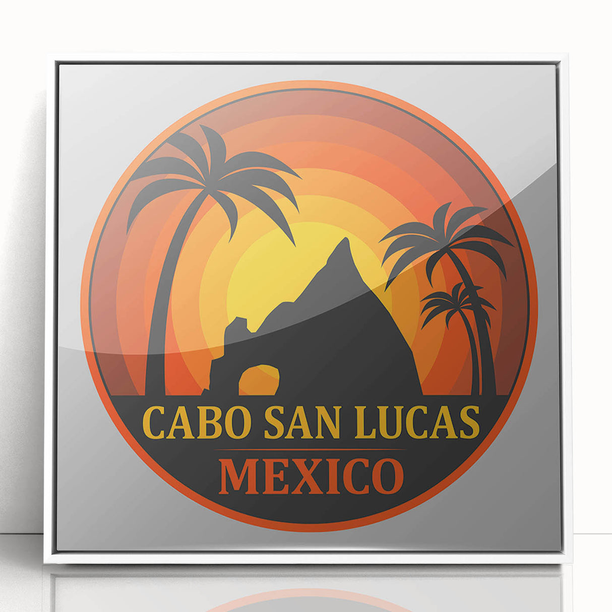 Framed acrylic print of Cabo San Lucas scenery in muted blue and white tones, ideal for modern art wall decor.
