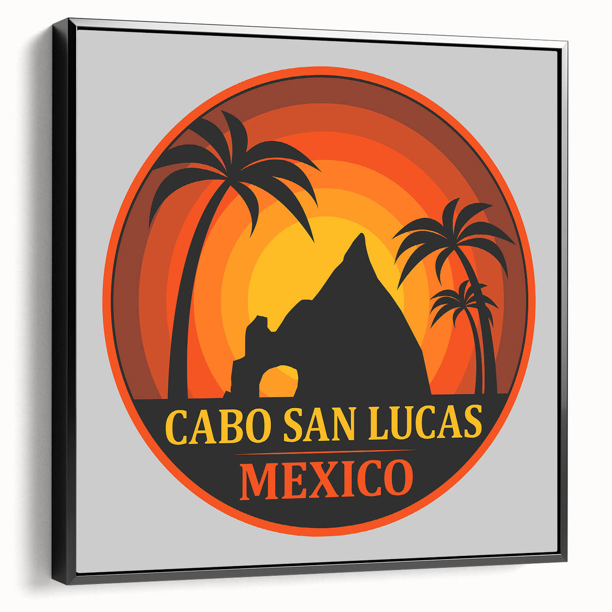 Black and white framed canvas of Cabo San Lucas landscape, ideal for bedroom wall decor.