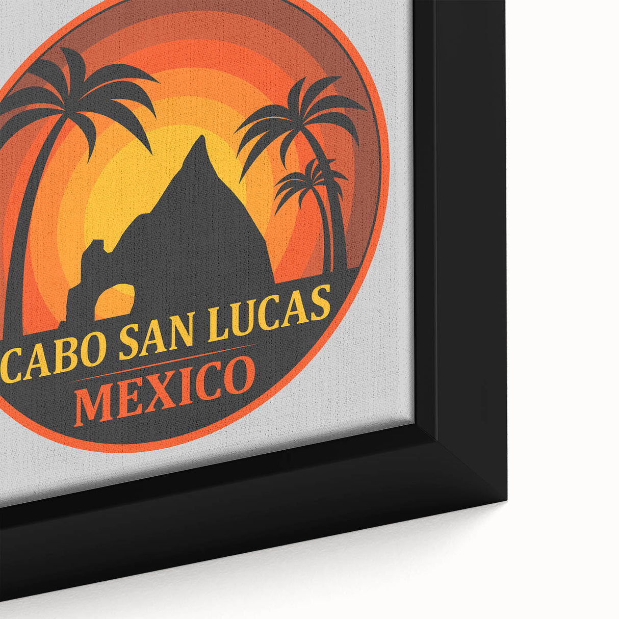 Extra large framed canvas featuring a textured depiction of Cabo San Lucas in black with colorful accents.