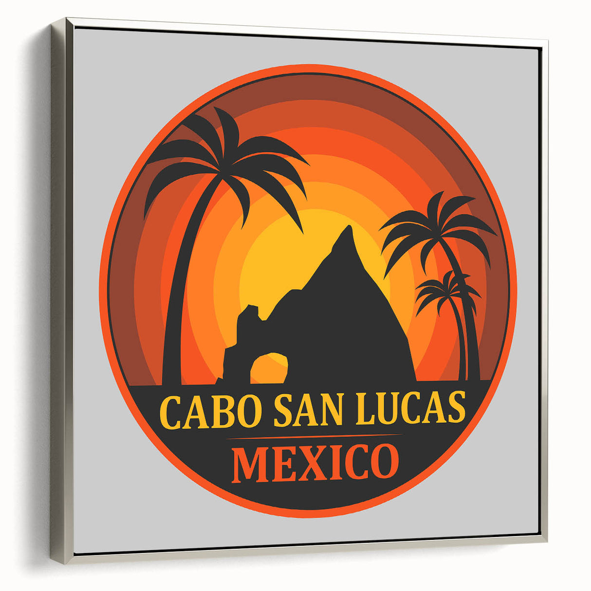 Framed canvas landscape art painting of Cabo San Lucas with a vintage poster style and a colorful palette.