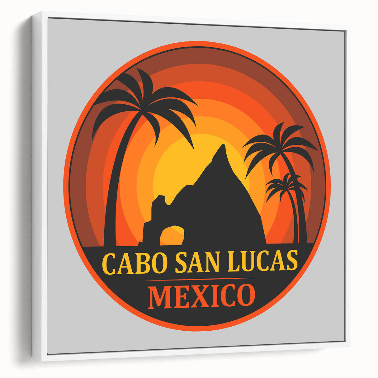 Vintage poster art of Cabo San Lucas with colorful scenery on a large framed canvas, ideal for living room decor.