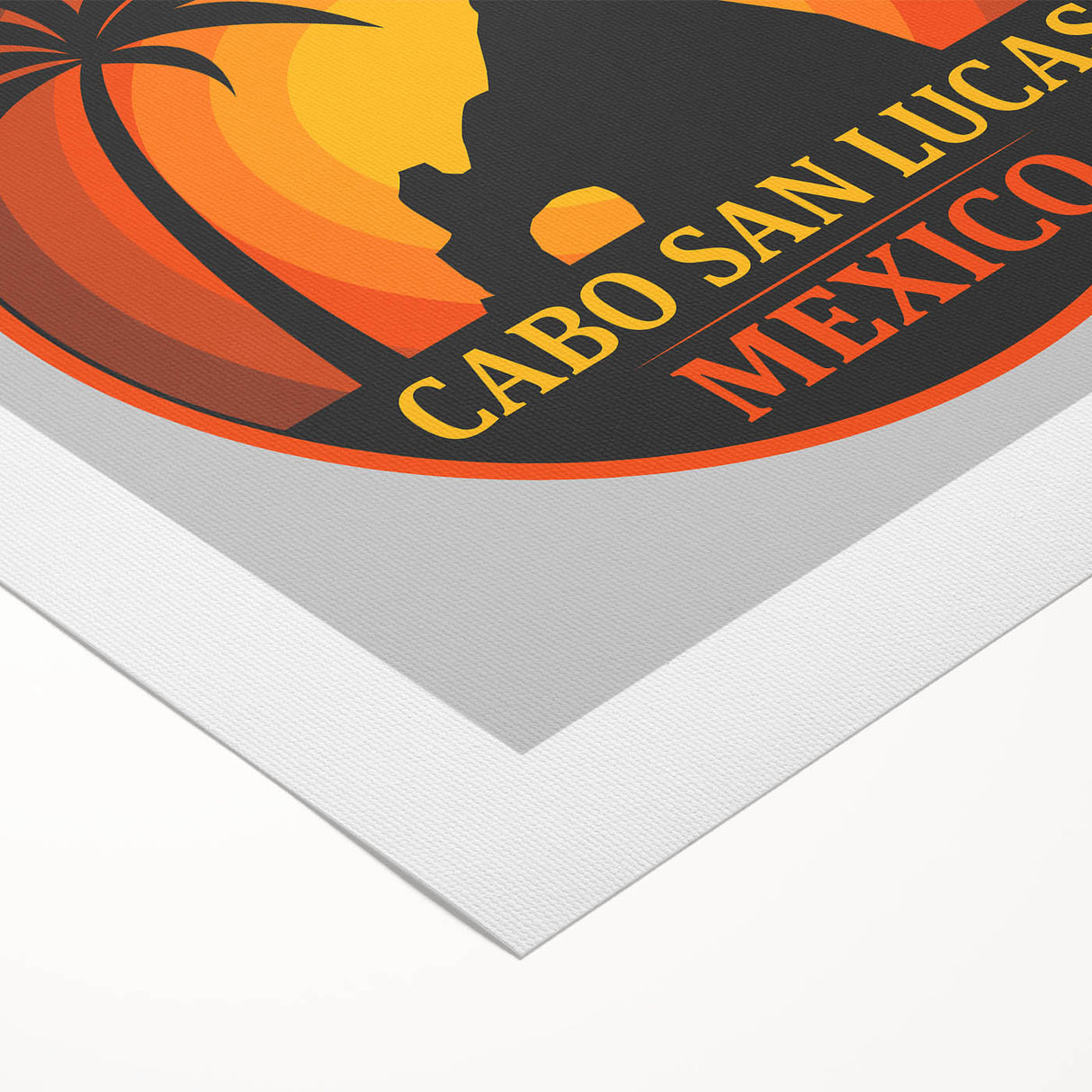 Art deco poster of Cabo San Lucas scenery on rolled canvas with vibrant ocean and sky hues, ideal for dining room wall art.