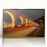 Acrylic print of Mexico City skyline in gold and black tones, in a mid-century modernist style.