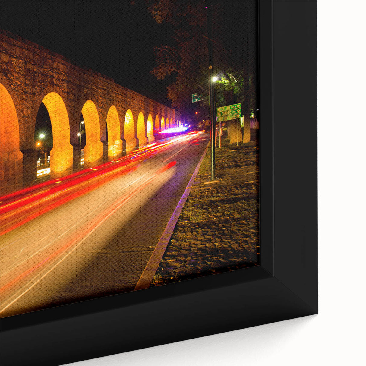 Extra large framed canvas of Mexico City scenery in black with colorful, textured art accents, ideal for living room decor.