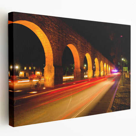 Side view of a stretched canvas depicting Mexico City scenery in muted earth tones, suitable for kitchen wall art.