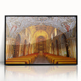 Large abstract wall art depicting a vibrant Oaxaca, Mexico scenery in mid-century modernist style, framed in black acrylic.