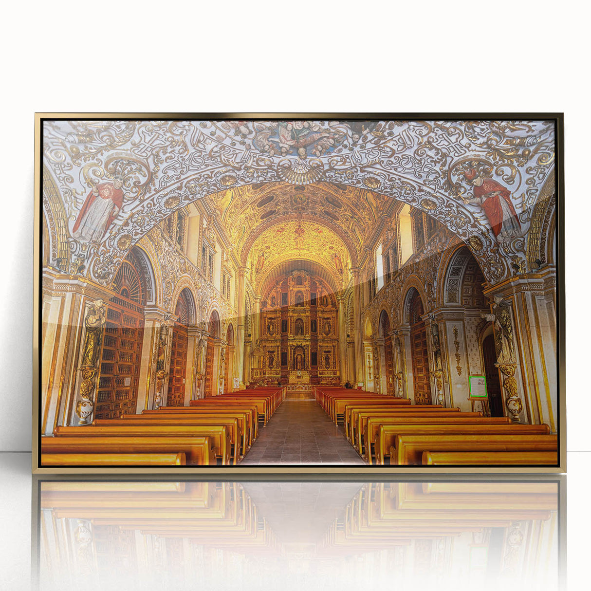 Large art print of Oaxaca, Mexico scenery in mid-century modernist style, framed in gold acrylic.