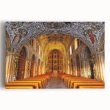 Black and white stretched canvas featuring a detailed illustration of Oaxaca, Mexico, ideal for kitchen wall art.