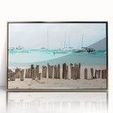 Large art print of Quintana Roo scenery in gold frame, featuring mid-century modernist style.