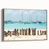 Framed canvas depicting a vintage-style landscape of Quintana Roo, Mexico, with lush greens and gold tones.