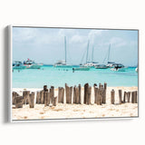 Vintage poster art of Quintana Roo scenery on extra large framed canvas with colorful palette, ideal for living room decor.