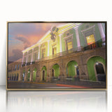 Mid-century modernist acrylic print depicting Yucatan scenery, framed in gold, ideal for modern art wall decor.