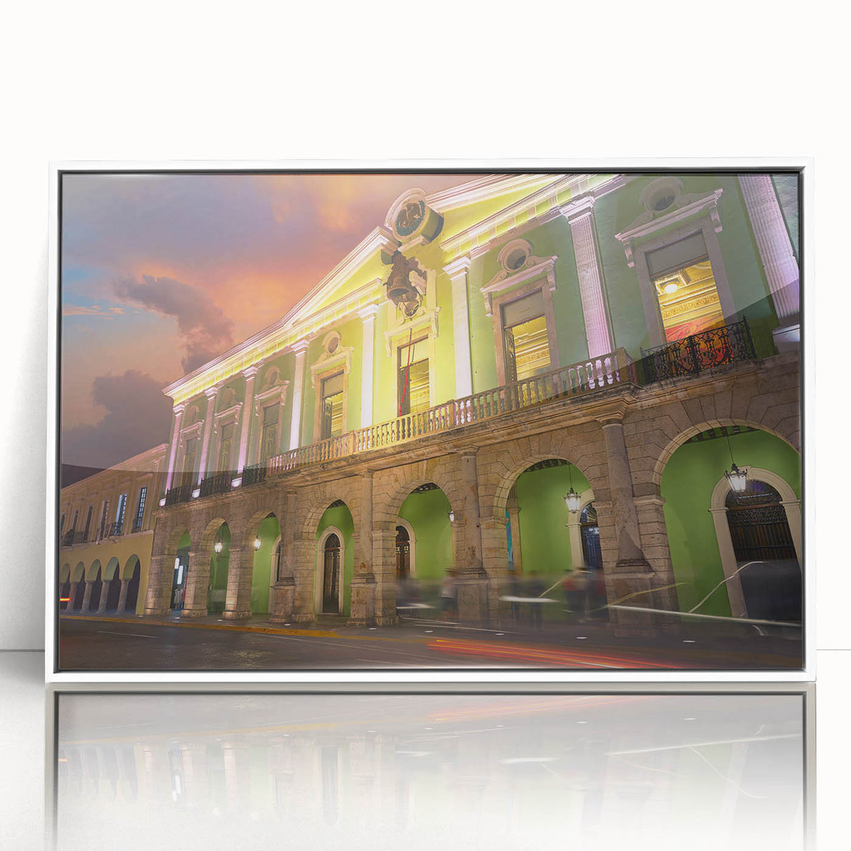 Acrylic print of Yucatan scenery in art deco style, using pastel colors, framed in white, suitable for modern nursery decor.
