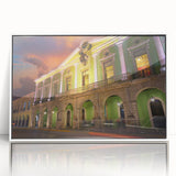 Acrylic print of Yucatan scenery in art deco style, using pastel colors, framed in white, suitable for modern nursery decor.