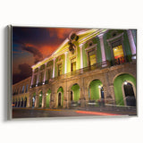 Framed canvas featuring a vintage-style landscape art painting of the Yucatán, with vibrant colors on a black background.