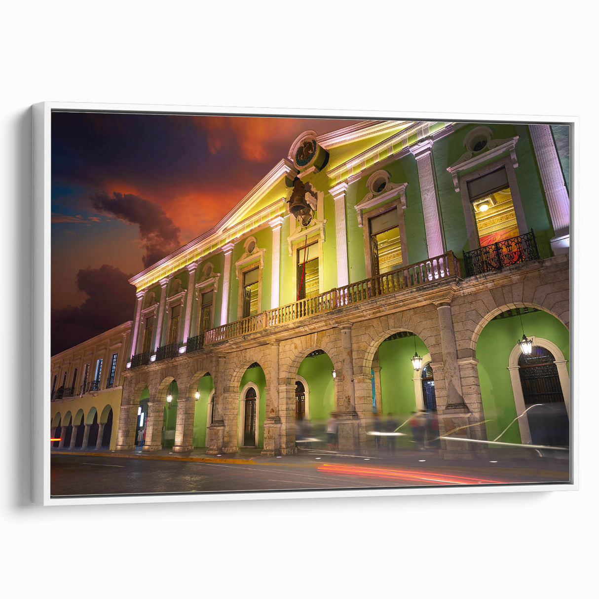 Vintage poster art of Yucatan, Mexico on framed canvas, featuring vibrant colors on a black background.