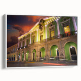 Vintage poster art of Yucatan, Mexico on framed canvas, featuring vibrant colors on a black background.