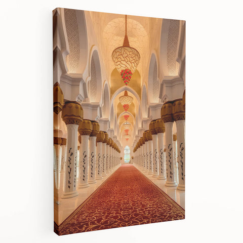 Side view of a stretched canvas featuring a detailed Dubai skyline in muted earth tones, ideal for kitchen wall art.