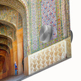 Large abstract wall art depicting a Middle-Eastern scenery in muted earth tones on acrylic glass, ideal for dining room art.