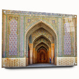 Acrylic print of an abstract Middle Eastern landscape in earthy tones, ideal for dining room decor.