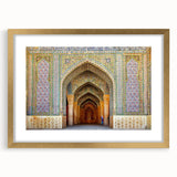 Extra large wall art featuring an abstract textured print of a Middle Eastern scenery in gold and earth tones.