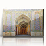 Mid-century modernist art of an Iranian landscape in muted earth tones on a silver-framed acrylic print.