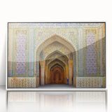 Art deco poster of a Middle Eastern Iranian scenery in muted earth tones on a framed acrylic.