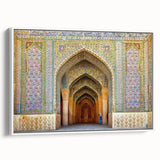 Vintage poster art of an Iranian landscape on extra large framed canvas, featuring colorful art against a black background.