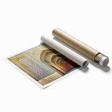 Extra large rolled print featuring a Middle Eastern scenery with floral elements in muted earth tones.