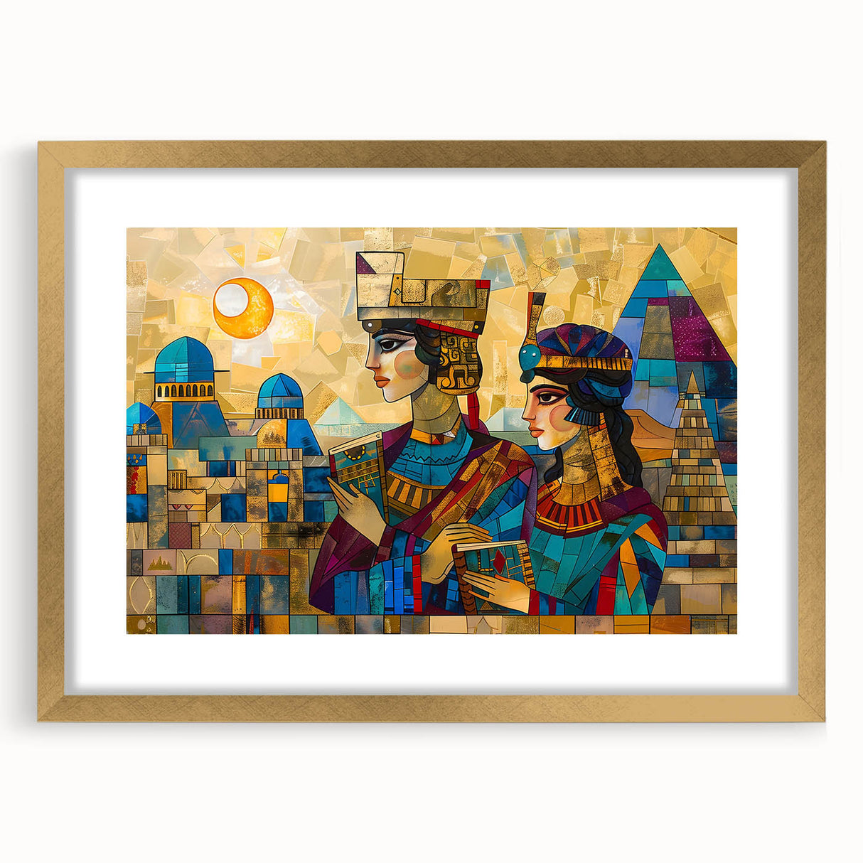Extra large wall art of abstract Middle Eastern scenery in gold frame, featuring textured swirls in earth tones.