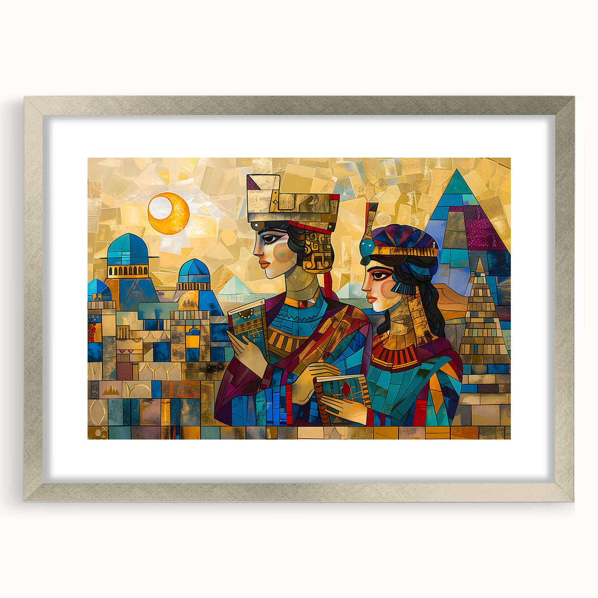 Textured abstract art print depicting a Middle Eastern scenery in muted earth tones on a framed canvas.