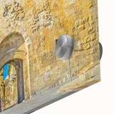 Large abstract depiction of Jerusalem in muted earth tones on acrylic glass, ideal for dining room art.