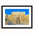 Extra large, colorful abstract art print of Jerusalem, textured on a framed canvas, ideal for living room decor.