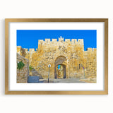Extra large abstract art print of Jerusalem scenery in textured gold frame, ideal for living room decor.