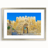Textured abstract art print of Jerusalem skyline in muted earth tones on a framed canvas, suitable for bedroom decor.