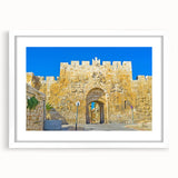 Abstract art print of Jerusalem cityscape in muted earth tones on a framed poster, suitable for dining room decor.