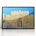 Large abstract wall art depicting Jerusalem in muted earth tones, framed in black acrylic.
