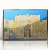 Framed acrylic print of Jerusalem skyline in gold and beige tones, ideal for modern art wall decor.