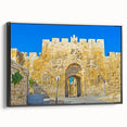 Black and white framed canvas of Jerusalem landscape, vintage poster style, ideal for bedroom decor.