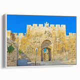 Vintage poster art of Jerusalem in colorful tones on a large framed canvas, ideal for living room decor.