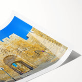 Extra large wall art of Jerusalem skyline in muted earth tones on a rolled canvas, suitable for large living room decor.