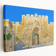 Large stretched canvas featuring a detailed Jerusalem cityscape in soft earth tones, suitable for kitchen wall art.