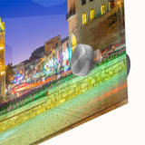 Large abstract wall art of Tel Aviv skyline in muted earth tones on acrylic glass, ideal for dining room art.