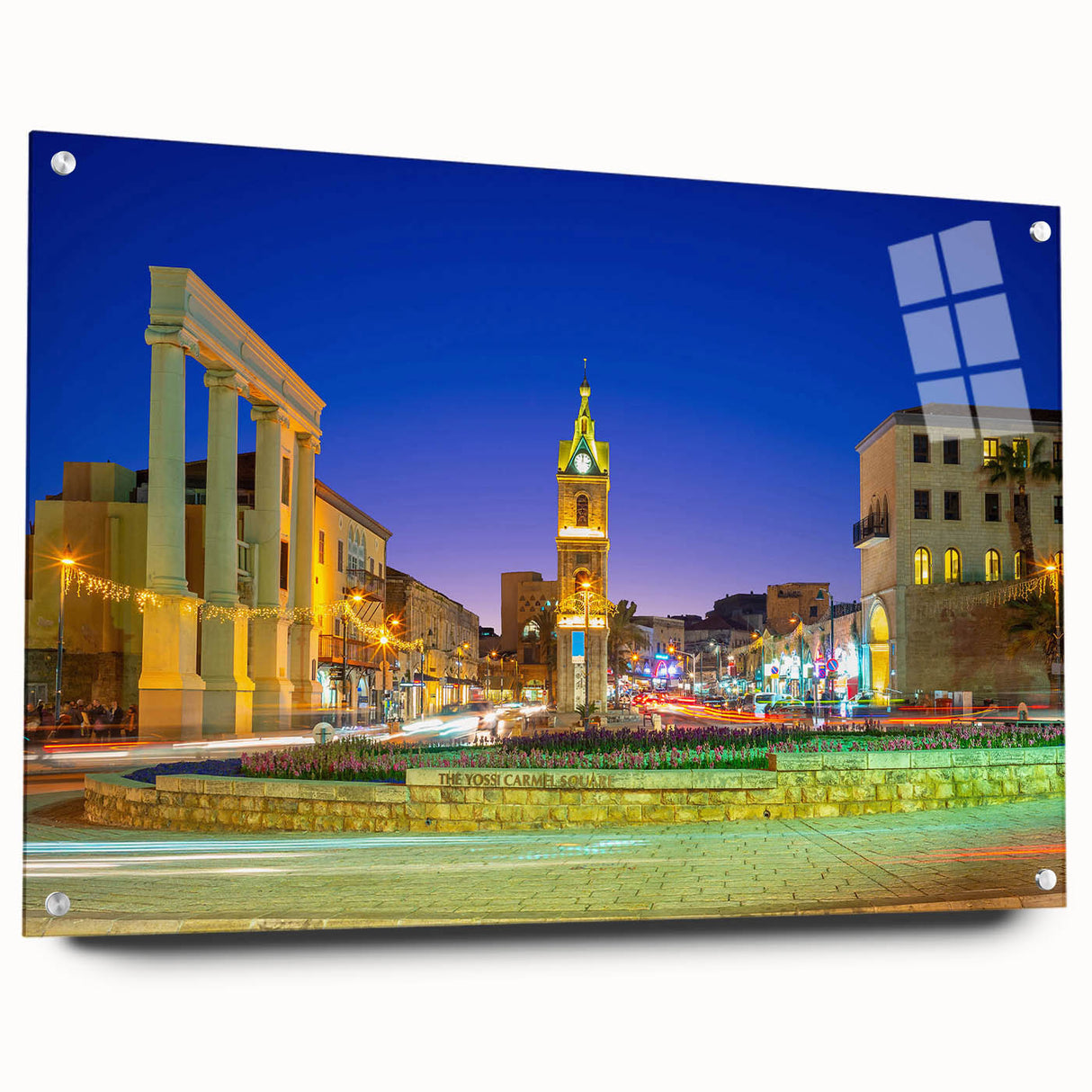 Acrylic print of Tel Aviv skyline in muted blue and gray tones, suitable for dining or bedroom wall art.