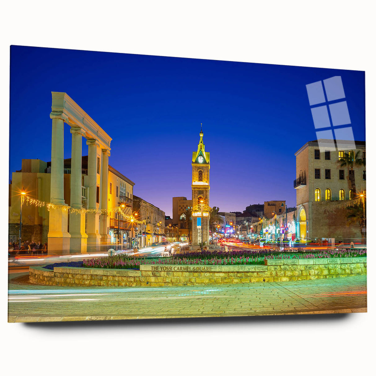 Large abstract wall art of Tel Aviv skyline in muted earth tones on acrylic glass, ideal for bedroom or dining room decor.