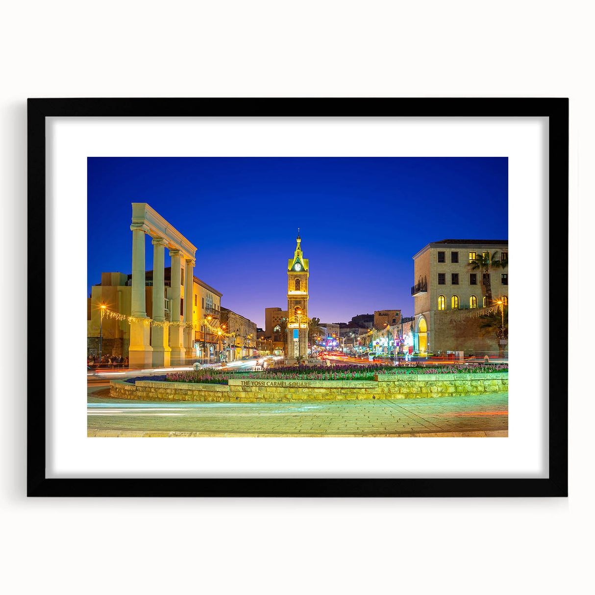 Extra large, textured abstract art print of Tel Aviv skyline in vibrant colors on a black framed canvas.