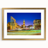 Extra large abstract art print of Tel Aviv skyline in textured gold frame, ideal for living room decor.